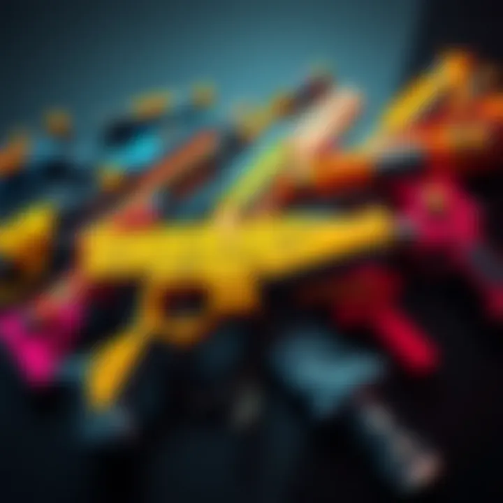 A collection of eye-catching weapons from the video game Borderlands, showcasing vibrant colors and unique designs.