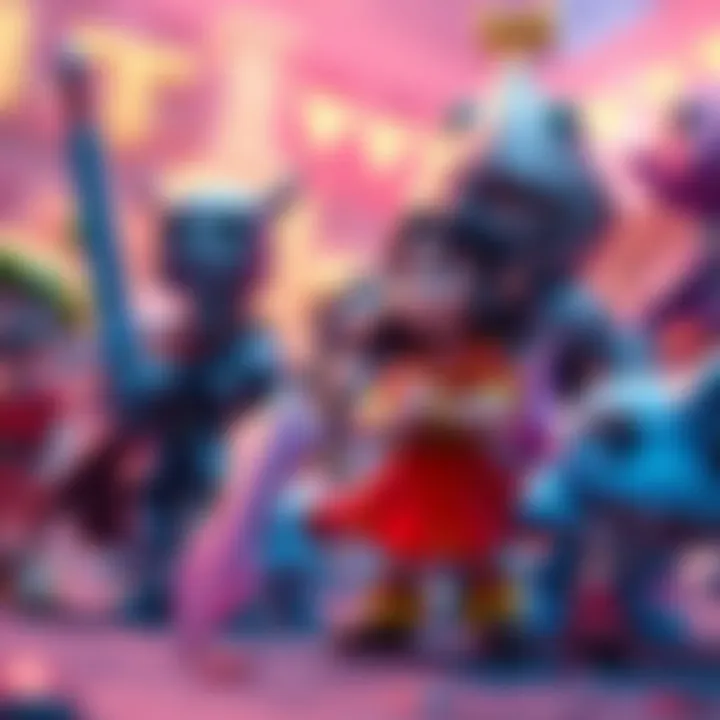 A scene featuring various 2D game characters including a girl with a red dress, a knight with a sword, and a cute monster, all set against a vibrant background.