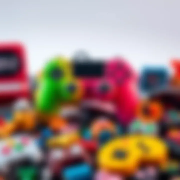 A vibrant 90s style game controller surrounded by nostalgic toys and games from the era.