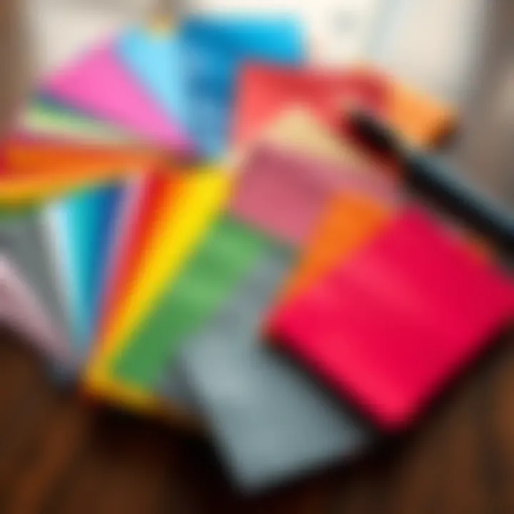 A collection of colorful background swatches arranged on a table, showcasing various shades and textures for design projects.