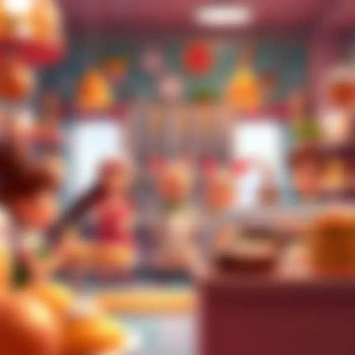 A lively animated scene of a bakery with cheerful characters and baked goods, capturing a fun class memory.