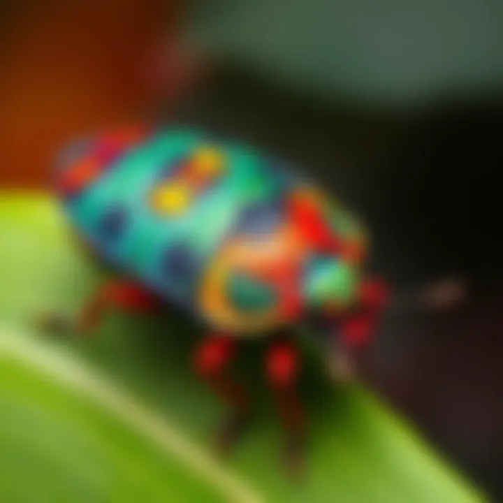 A colorful bug with unique patterns resting on a green leaf, showcasing its remarkable traits and colors.
