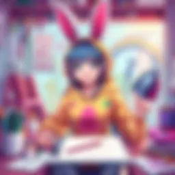 A vibrant illustration of a character wearing a trendy bunny outfit, surrounded by art supplies and sketches, showcasing fan creativity.