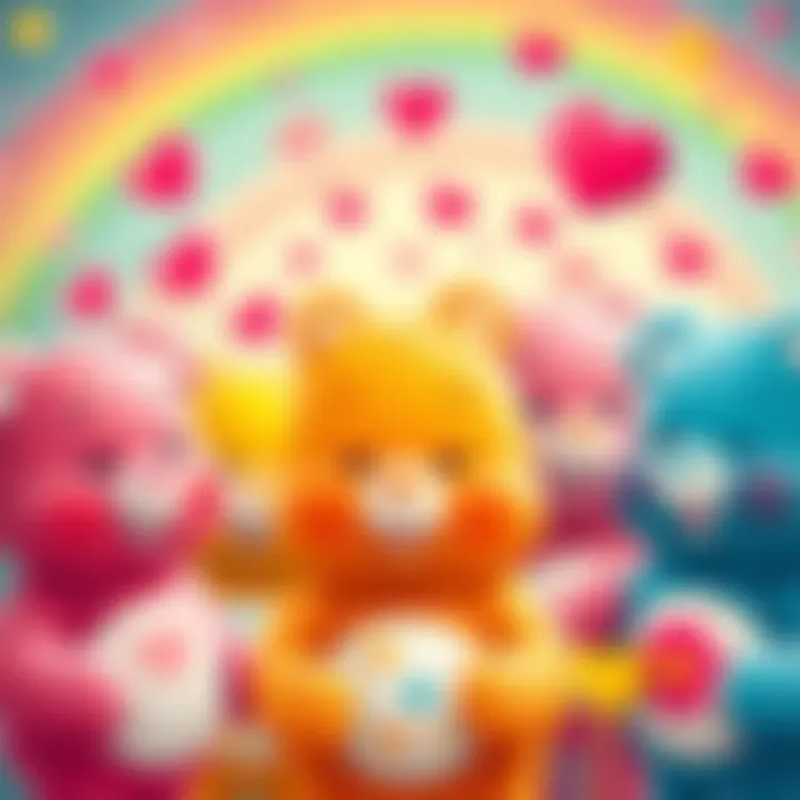 A group of colorful carebear characters with cheerful expressions, surrounded by bright rainbows and hearts, representing the fun and love of the carebear community.
