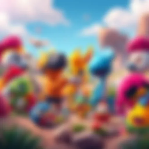 Cartoon characters from games similar to Bugsnax in a vibrant landscape