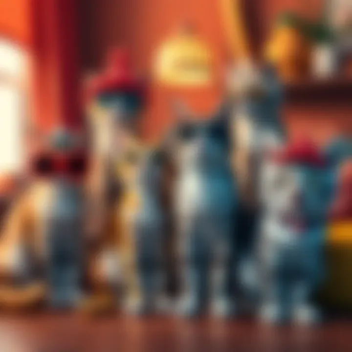 A collection of unique cats wearing fun accessories and sitting in a cozy environment, showcasing their playful and quirky personalities.