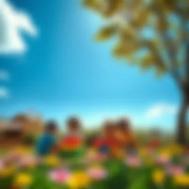 A vibrant scene of children playing with colorful toys under a bright blue sky, surrounded by flowers and greenery.