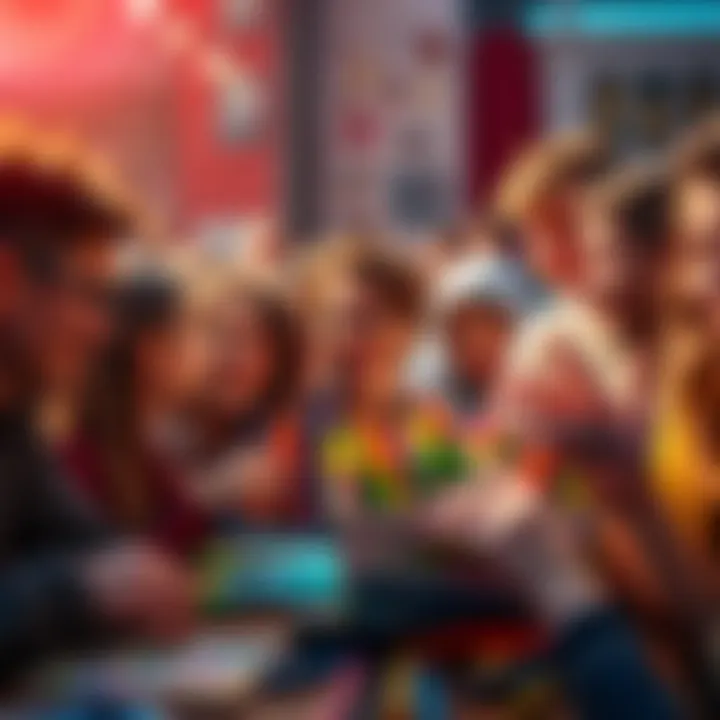 A group of people enjoying colorful crayons, showcasing their creative artworks in a joyful setting.