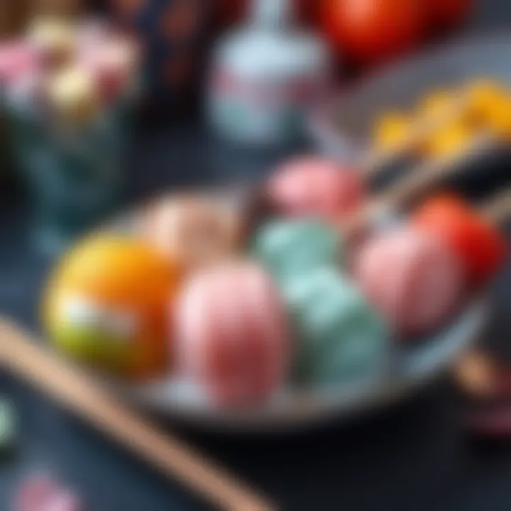 A vibrant display of dango skewers in various colors and flavors arranged on a plate, representing comfort food for healing hearts after a breakup.