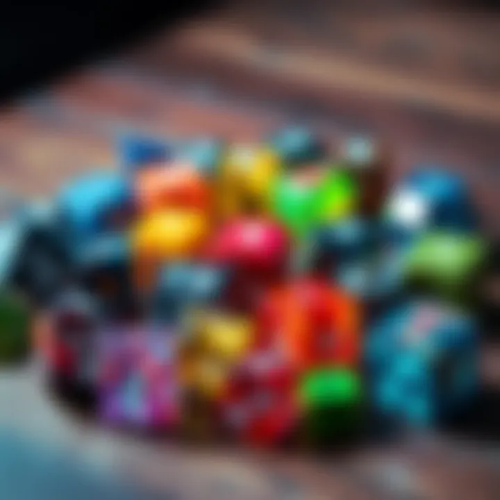 Colorful D&D Dice Collection A collection of colorful D&D dice made of metal, resin, and glass, displayed on a wooden table.