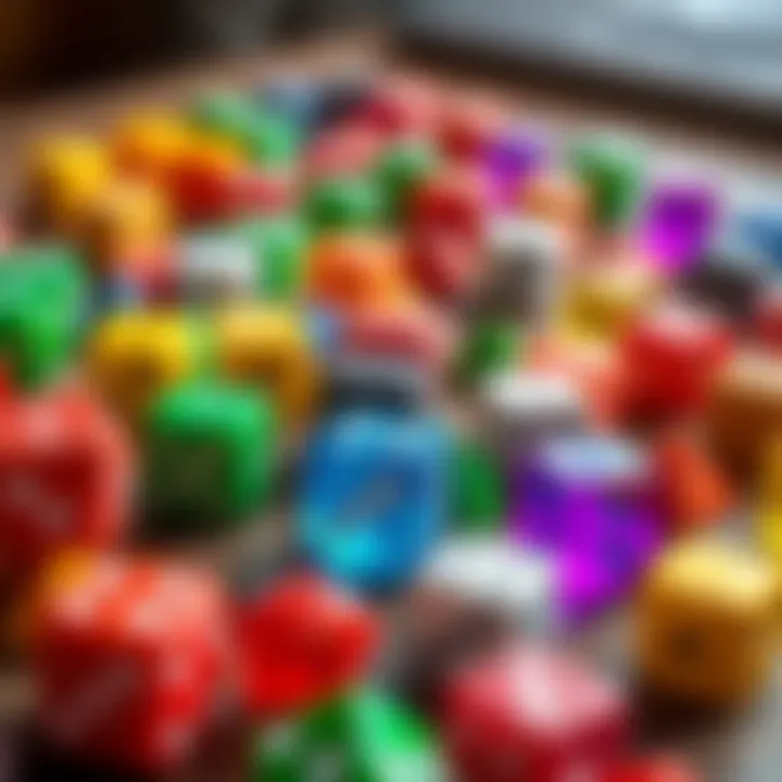 A variety of colorful dice in different shapes and designs laid out on a table, showcasing the choices available for players.