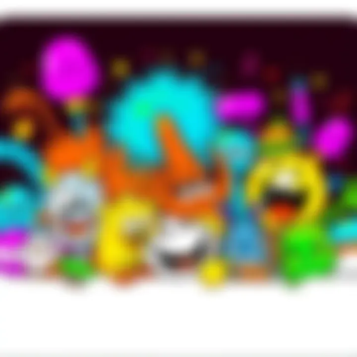 A collection of silly doodles featuring playful characters like smiling animals and wacky monsters, showcasing vibrant colors and imaginative designs.