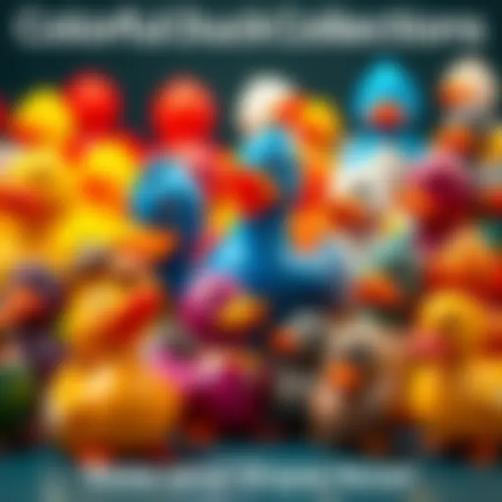 Various unique duck figurines and plush toys arranged together, showcasing their vibrant colors and styles, celebrating the joy of duck collecting.
