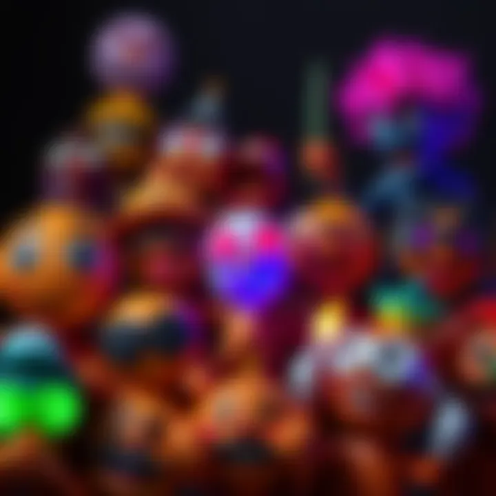 Various emotes displayed with excessive props and effects, highlighting the trend in digital platforms.