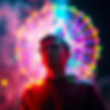 A person surrounded by a vibrant aura, representing different colors that symbolize their energy and emotions, connecting with another individual nearby.