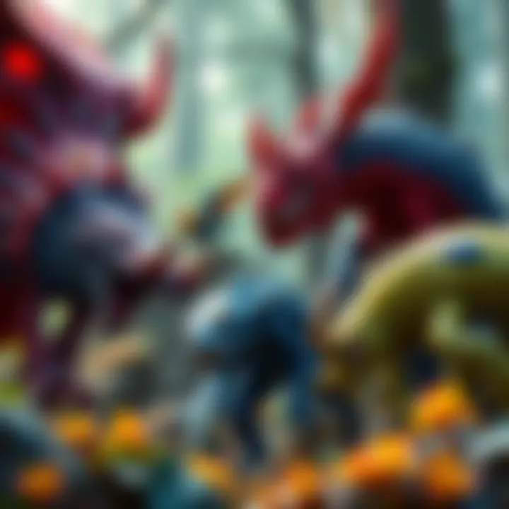 A group of visually stunning fantasy creatures inspired by the Souls series, set in an enchanting forest backdrop, showcasing their detailed designs and vibrant colors.