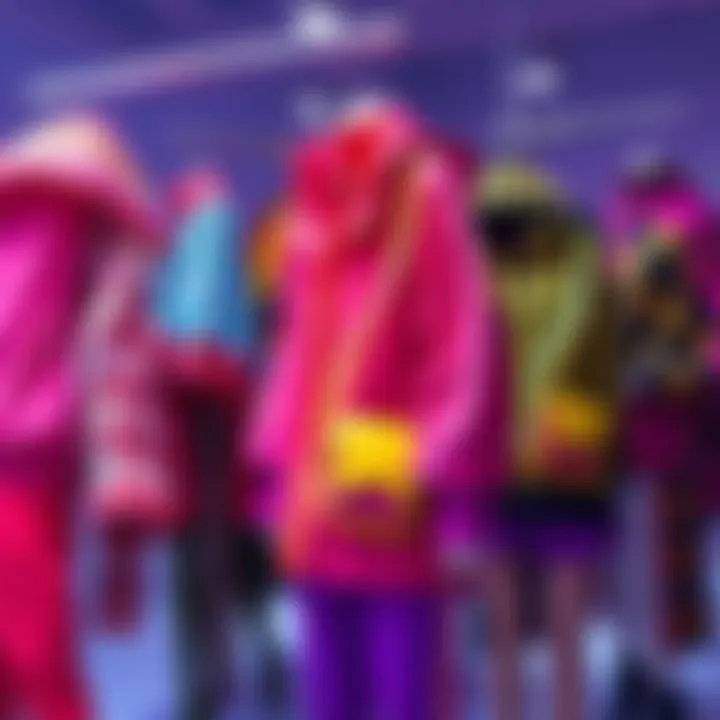 A display of unique FashionCrew outfits featuring bright colors and creative patterns that showcase customization in fashion.