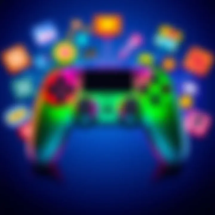 A vibrant game controller surrounded by icons representing casual games, roguelite titles, and simulation genres