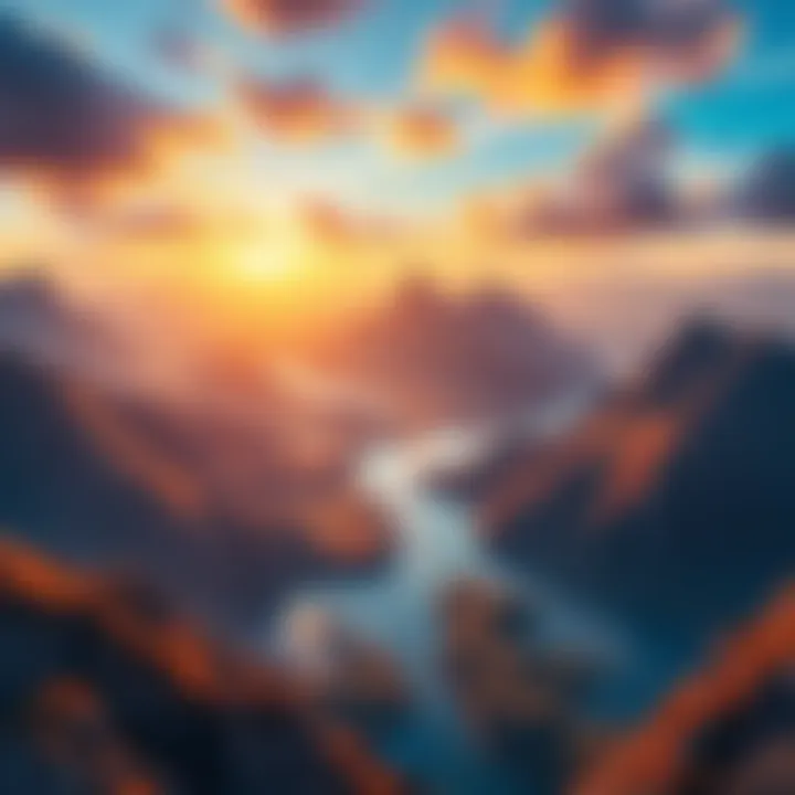 Colorful Game Scenery A stunning view of a vibrant game landscape with mountains and rivers, showcasing the beautiful graphics that gamers love.