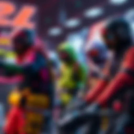 A collection of various vibrant game skins displayed on characters in an action-packed gaming environment.