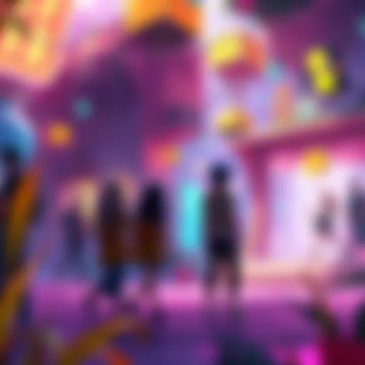 Colorful game world with lively characters A vibrant game scene featuring animated NPCs interacting in a lively environment