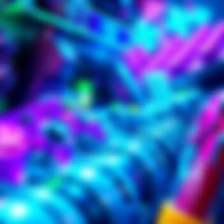 Colorful gaming items A close-up view of purple and blue items in a video game inventory, showcasing their distinct colors and shapes.