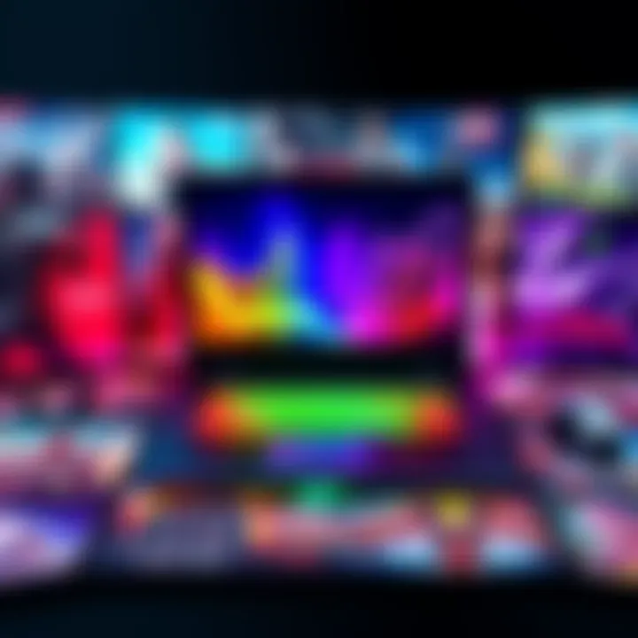 Colorful gaming laptop with various game covers A vibrant gaming laptop surrounded by popular game covers from different genres, showcasing a variety of gaming options for new enthusiasts.