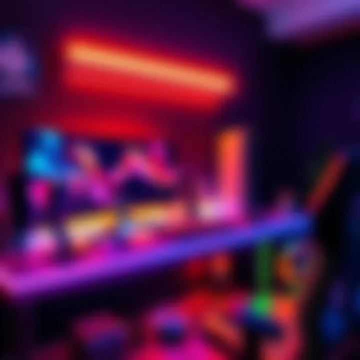 A gaming desk illuminated with colorful LED strips and a monitor light bar, creating an inviting atmosphere for gaming.