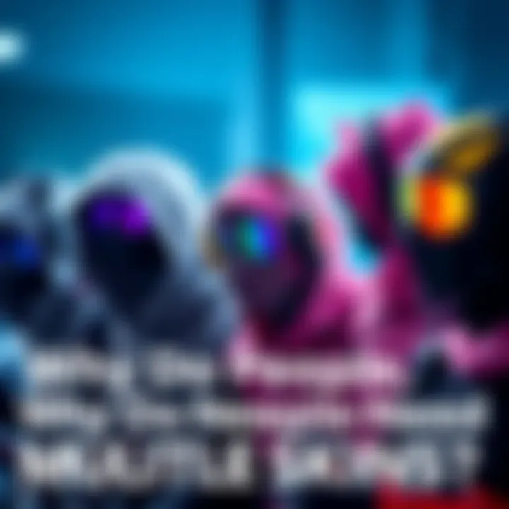 Various colorful gaming skins displayed on characters