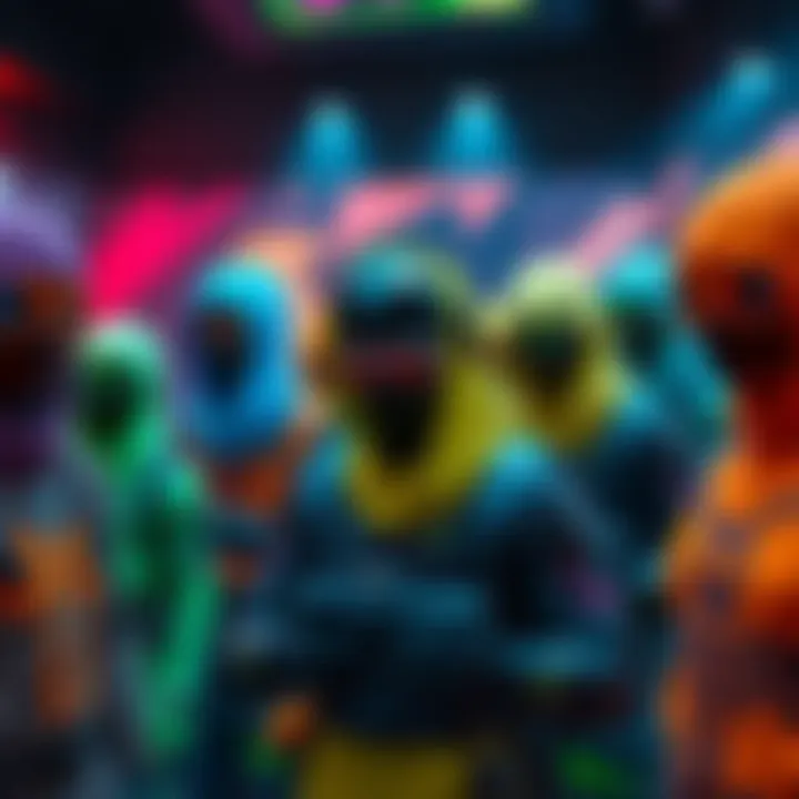 Various colorful unlockable skins displayed on characters in a gaming interface