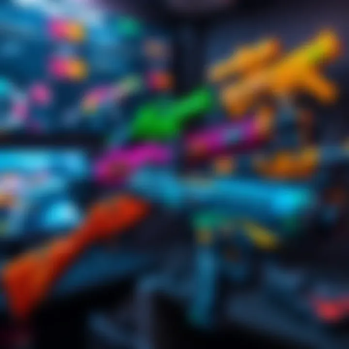 Various vibrant gun skins displayed in a gaming interface, showcasing their design and appeal