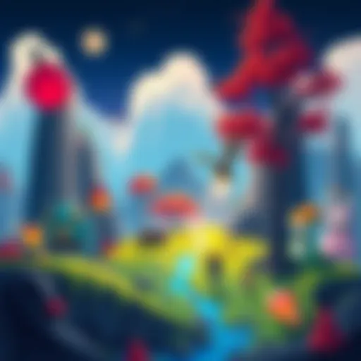 A vibrant, pixelated landscape showcasing characters and elements from various indie games on Steam. The scene highlights different art styles and unique character designs.