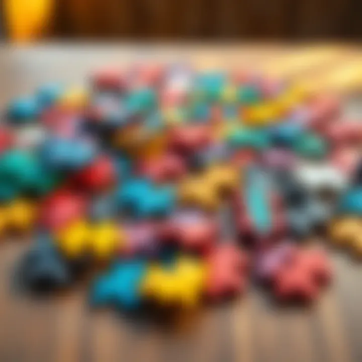 A collection of colorful jigsaw pieces with unique shapes and patterns scattered on a wooden table.