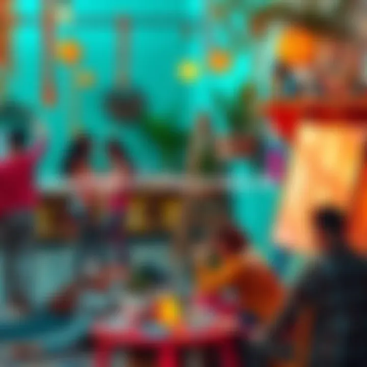 A vibrant scene showing people enjoying unique activities like yoga, cooking, and painting, symbolizing creative daily life perks.