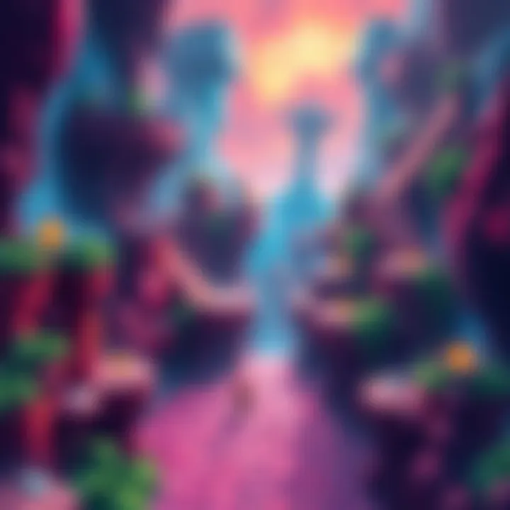 A vibrant scene from a Metroidvania game showing a character exploring a fantasy world filled with platforms, enemies, and treasures.