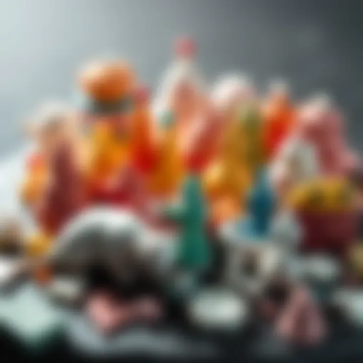 A collection of colorful miniatures crafted from cold porcelain clay, showcasing various shapes and designs created in 2022.