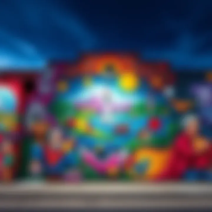 A vibrant mural depicting various local scenes and symbols painted on a brick wall in the community