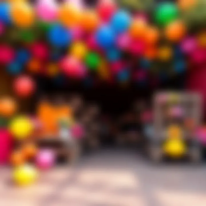 A vibrant setup featuring creative party pallets decorated with balloons and flowers for an event