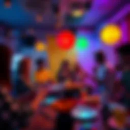 A vibrant gathering with guests playing interactive games and enjoying snacks, creating a lively atmosphere.