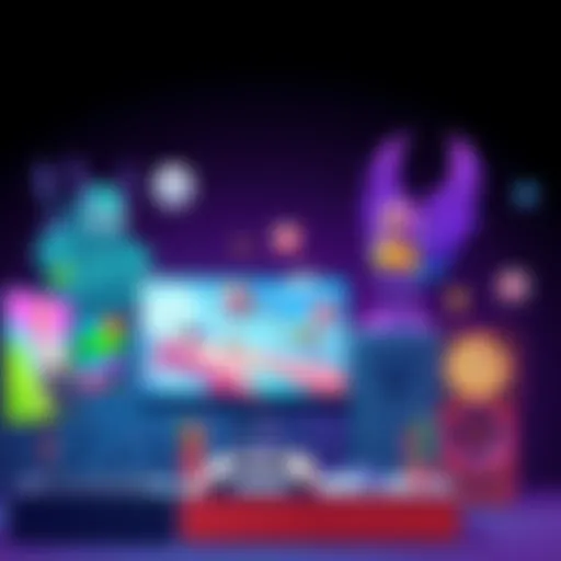 An illustration of vibrant and simple PC games featuring colorful graphics and easy controls, designed for new gamers, especially moms.