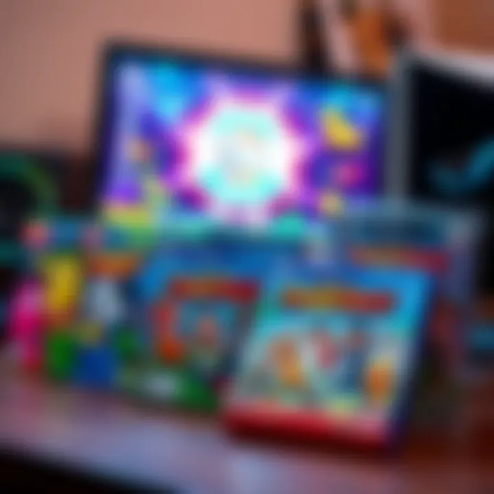 A selection of colorful game boxes for kids on a desk, featuring bright graphics and fun characters, with a computer in the background.