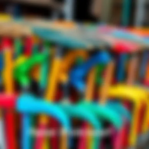 A display of various pickaxes in different colors and styles, showcasing their designs and features.