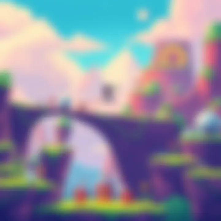 A lively pixel art scene featuring a character jumping over obstacles in a vibrant retro world, with bright colors and imaginative landscapes, showcasing platforming action.