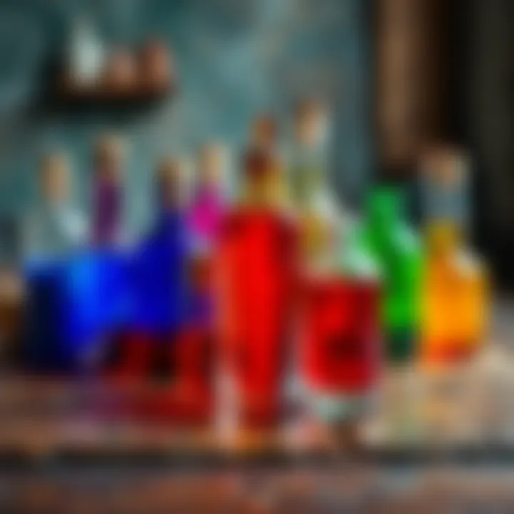A variety of colorful potions with no labels displayed on a rustic wooden table, hinting at their unique effects for a role-playing game.