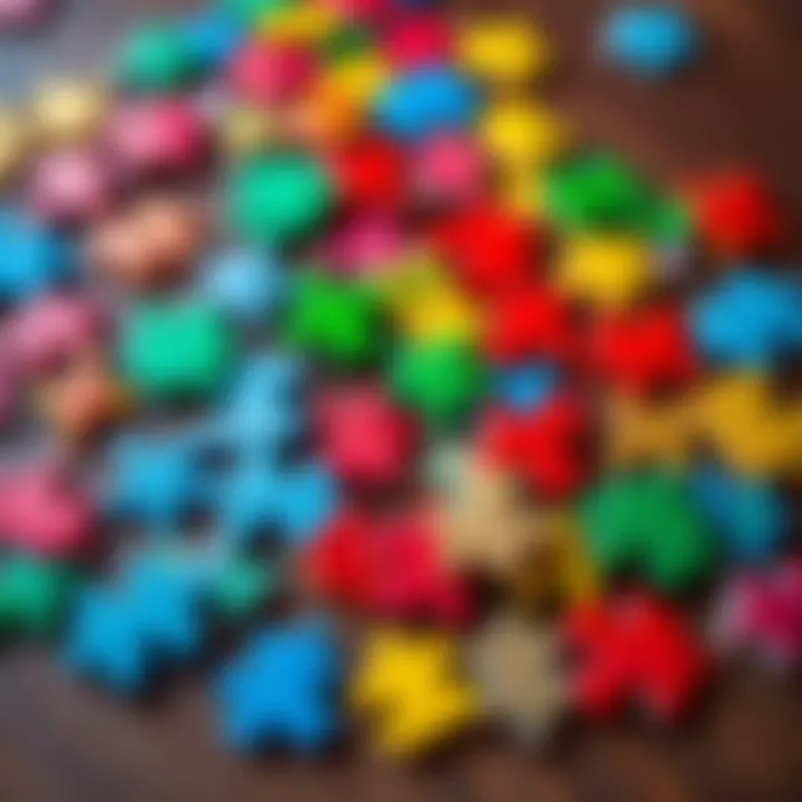 A collection of colorful puzzle pieces scattered on a table, showcasing their shapes and designs.