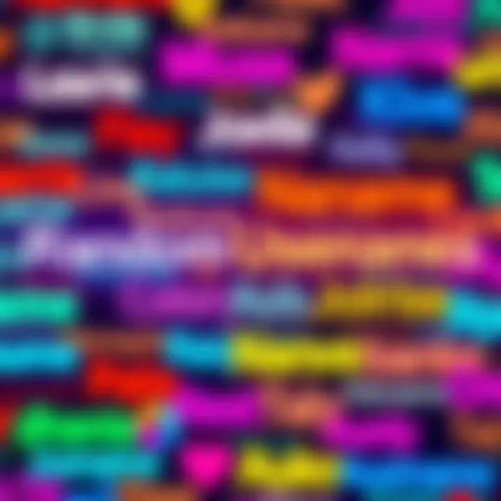 Colorful Random Usernames A collage of various random usernames in bright colors and playful fonts, representing online identities in a digital space.
