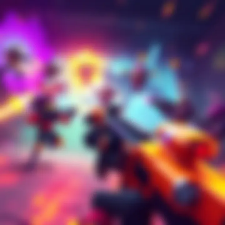 A vibrant gaming scene featuring dynamic characters fighting against colorful enemies in a roguelike setting