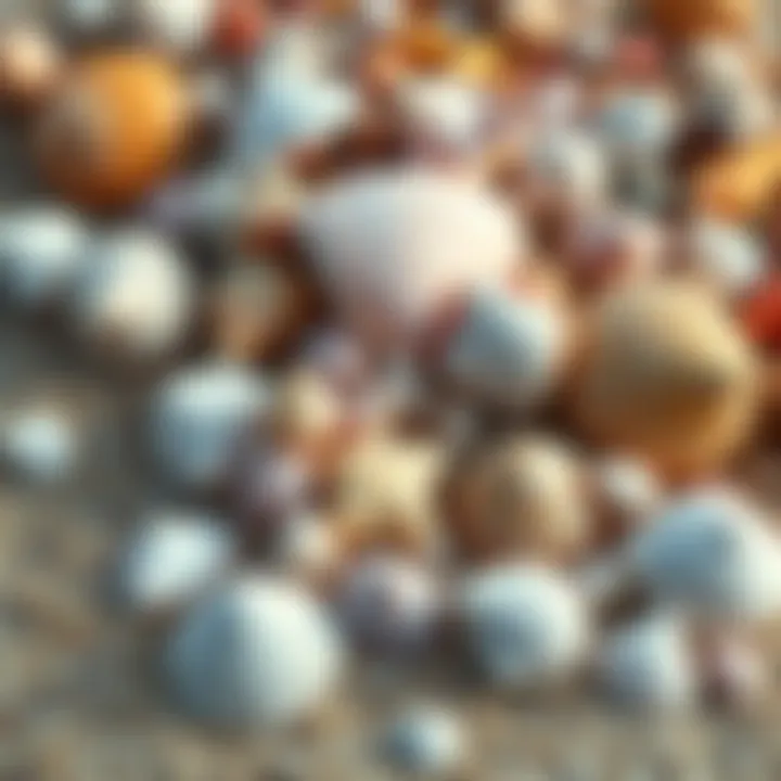 A variety of bright seashells arranged on the beach sand, showcasing their unique shapes and colors