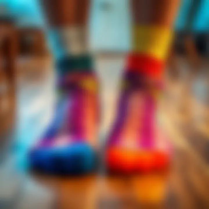 A vibrant pair of mismatched socks on a wooden floor, symbolizing the phrase 'guilty as sock'