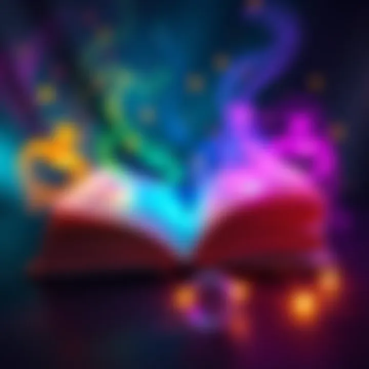 A vibrant spell book opened with colorful, glowing spells swirling around it, inviting creativity and fun in magic.